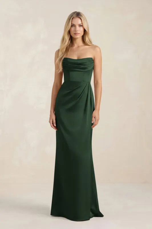Cowl Neck Sheath Satin Bridesmaid Dress With Detachable Sleeves in Moss made by KissProm