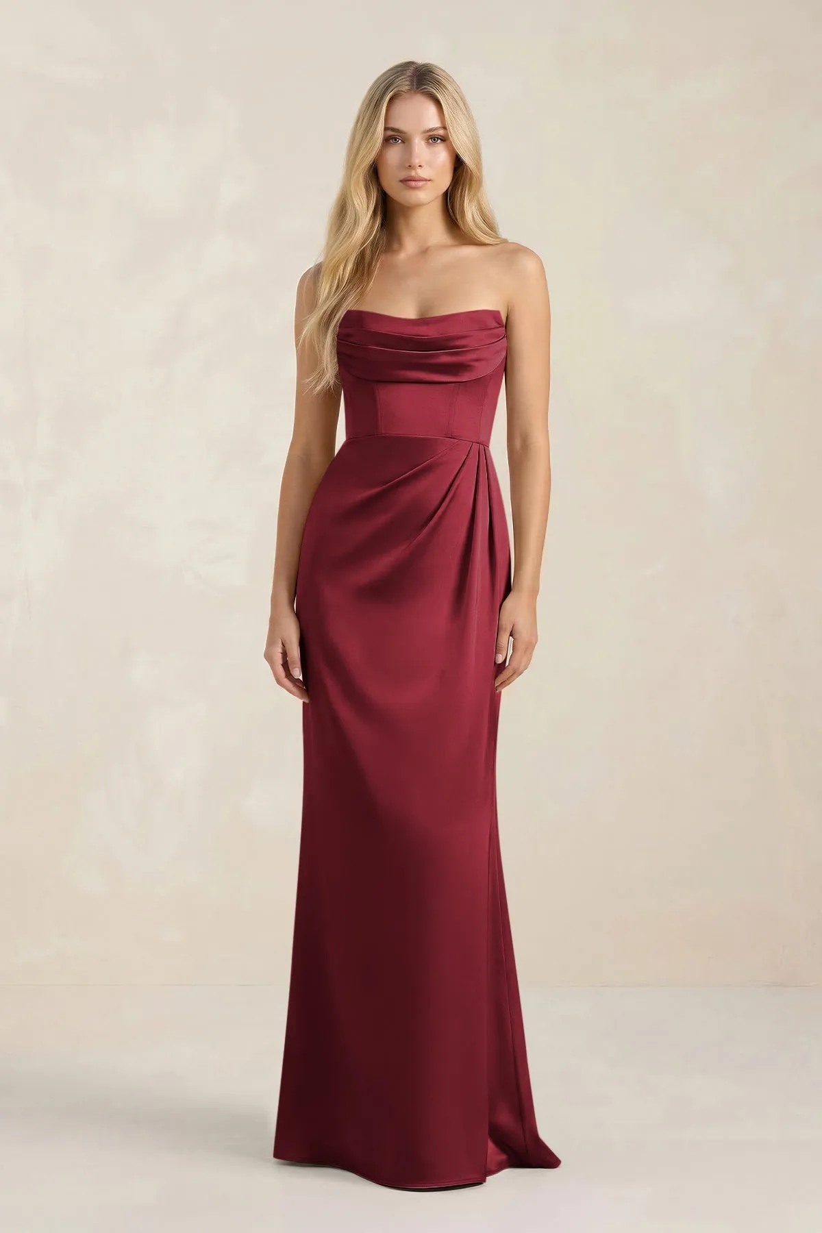 Cowl Neck Sheath Satin Bridesmaid Dress With Detachable Sleeves in Burgundy sold by KissProm