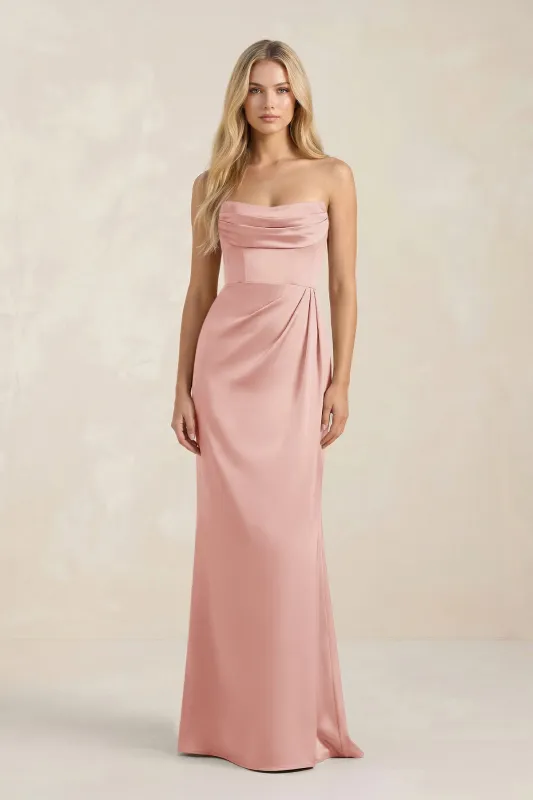 Cowl Neck Sheath Satin Bridesmaid Dress With Detachable Sleeves in Rose Petal made by KissProm