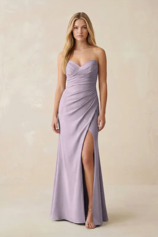 Strapless Ruched Sheath Satin Bridesmaid Dress With Slit in Lavender Grey made by KissProm