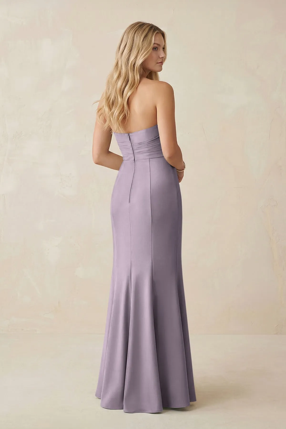 Strapless Ruched Sheath Satin Bridesmaid Dress With Slit in Lavender Grey sold by KissProm product image thumbnail 2