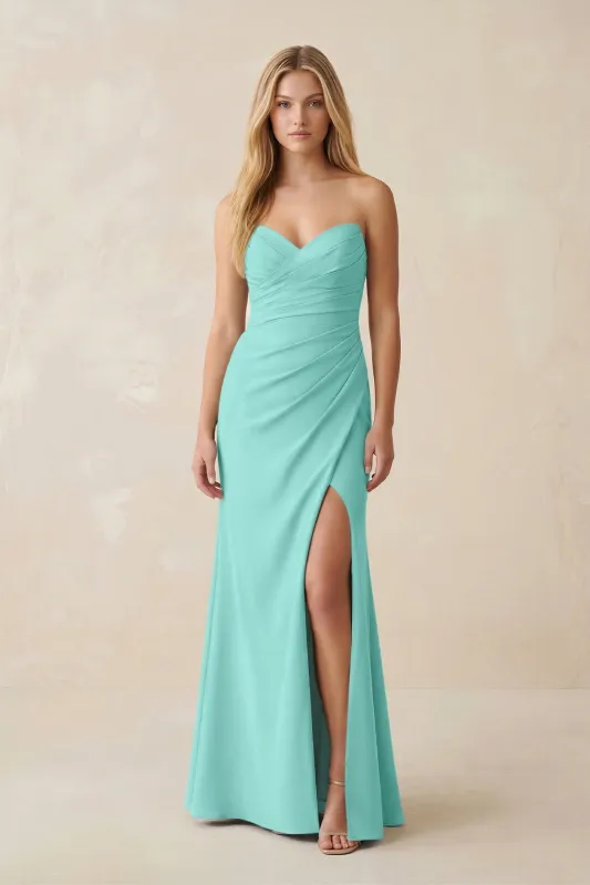 Strapless Ruched Sheath Satin Bridesmaid Dress With Slit in Mint Green made by KissProm