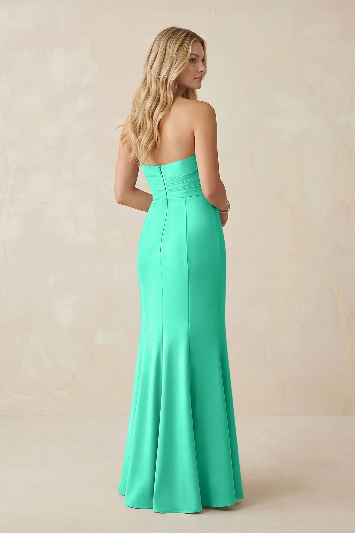 Strapless Ruched Sheath Satin Bridesmaid Dress With Slit in Turquoise sold by KissProm product image thumbnail 2