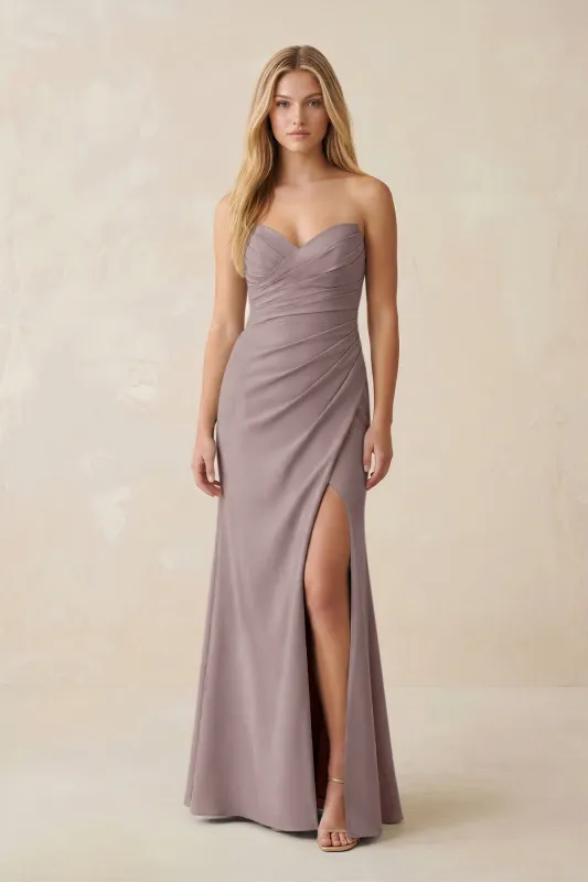 Strapless Ruched Sheath Satin Bridesmaid Dress With Slit in Dusk made by KissProm