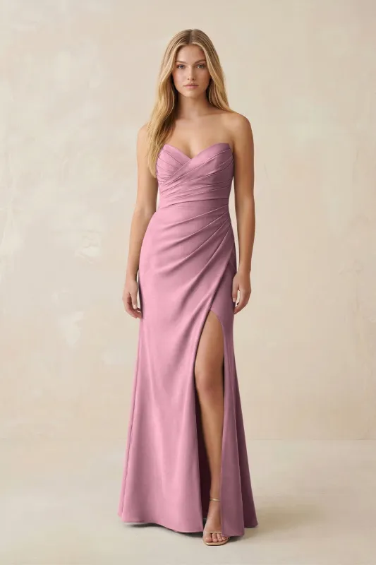 Strapless Ruched Sheath Satin Bridesmaid Dress With Slit in Wisteria made by KissProm