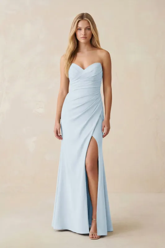 Strapless Ruched Sheath Satin Bridesmaid Dress With Slit in Sky Blue made by KissProm