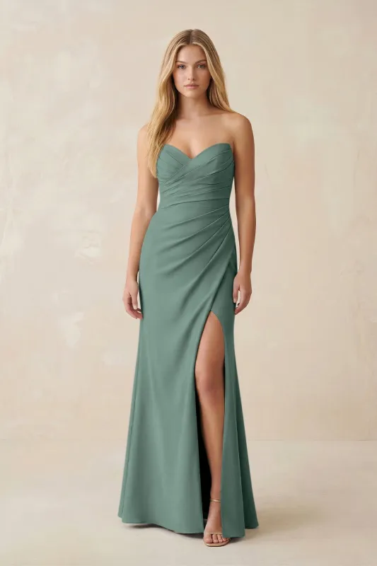 Strapless Ruched Sheath Satin Bridesmaid Dress With Slit in Sea Glass made by KissProm