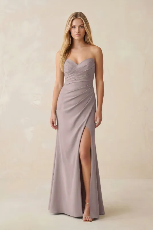 Strapless Ruched Sheath Satin Bridesmaid Dress With Slit in Almond made by KissProm