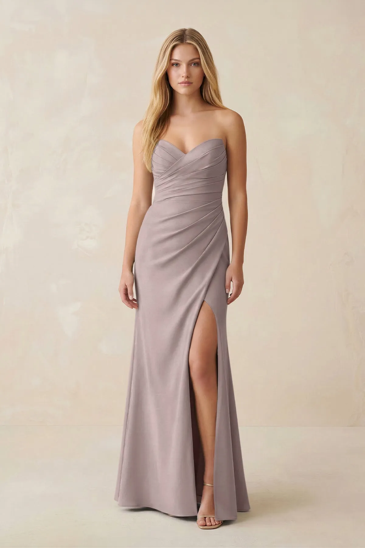Strapless Ruched Sheath Satin Bridesmaid Dress With Slit in Almond sold by KissProm