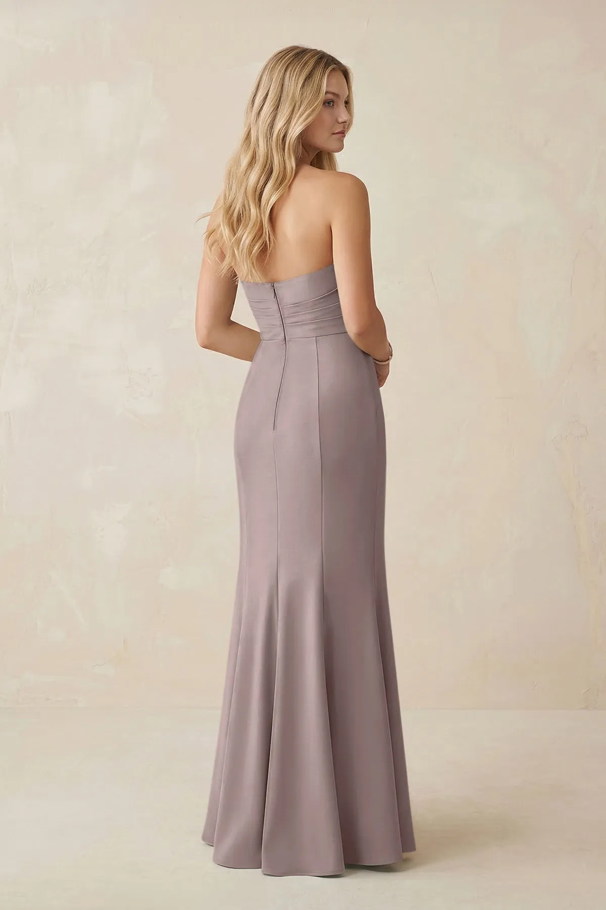 Strapless Ruched Sheath Satin Bridesmaid Dress With Slit in Almond sold by KissProm product image thumbnail 2