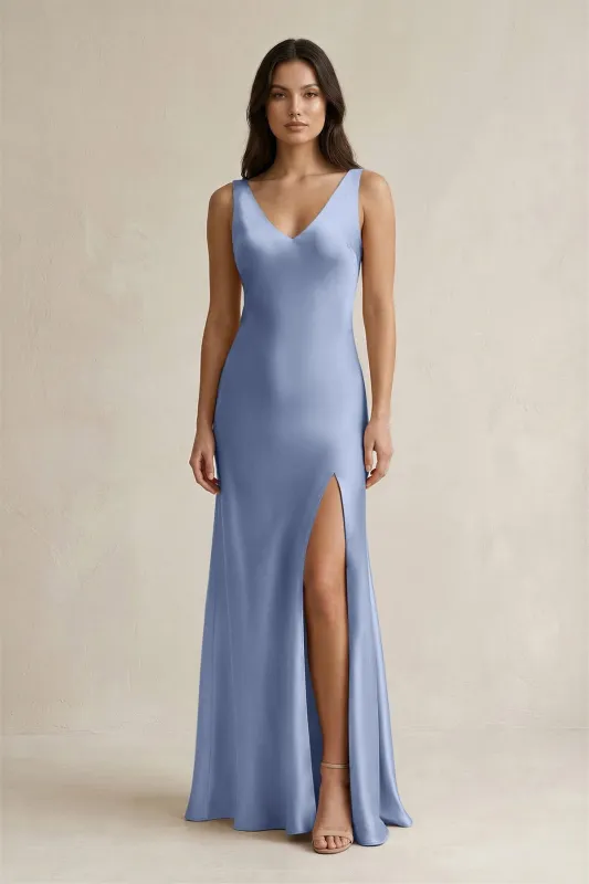 V-neck Sheath Satin Bridesmaid Dress With Back Bow in Mist made by KissProm