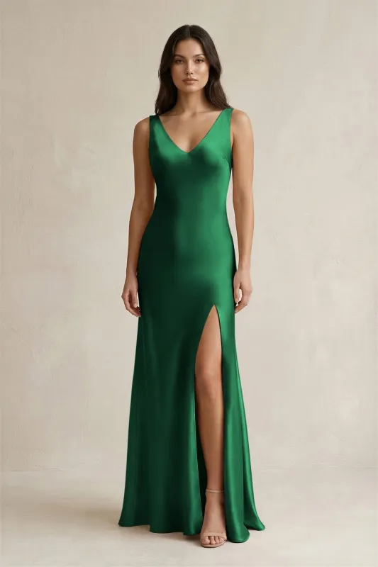V-neck Sheath Satin Bridesmaid Dress With Back Bow in Green made by KissProm