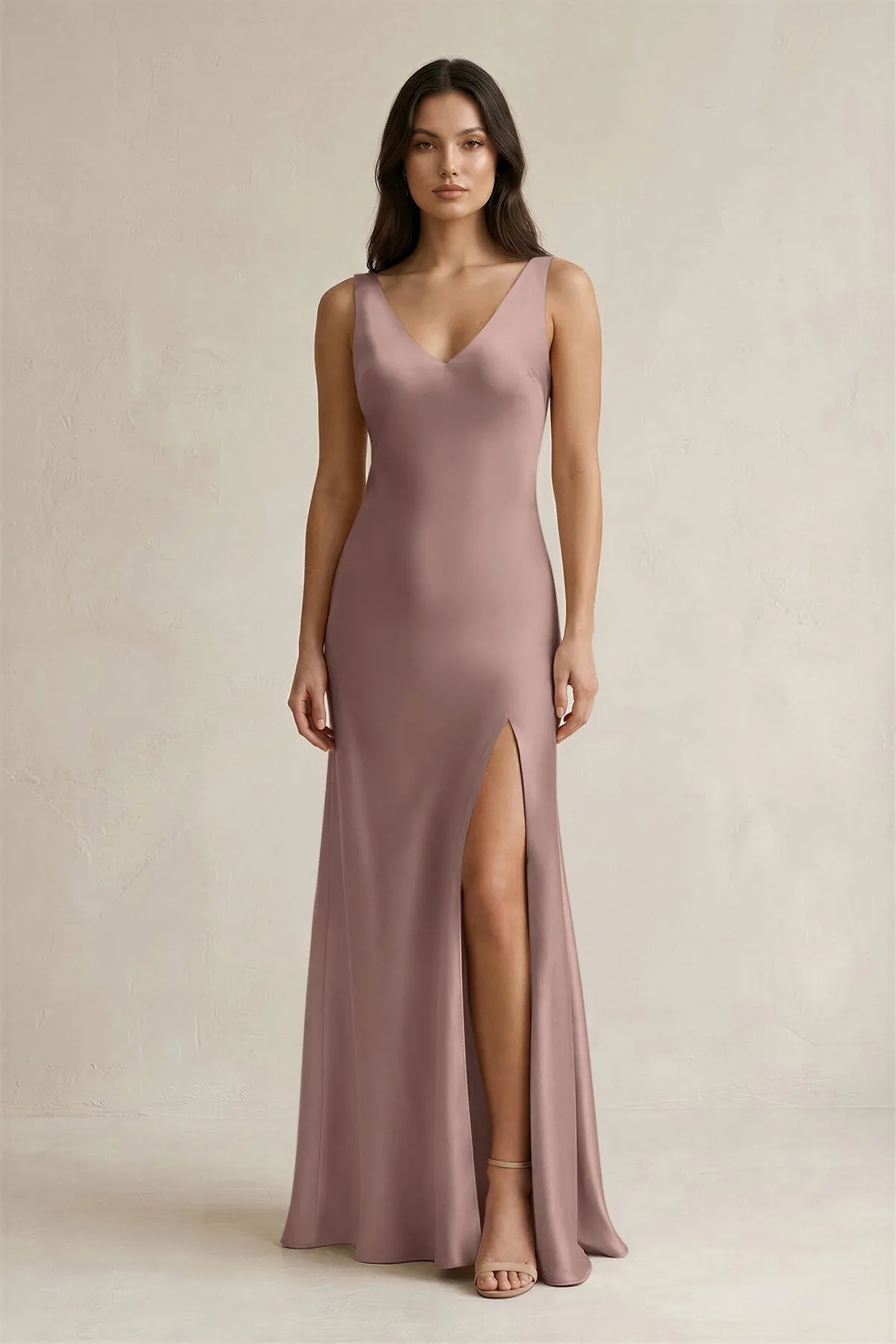 V-neck Sheath Satin Bridesmaid Dress With Back Bow in Toffee sold by KissProm