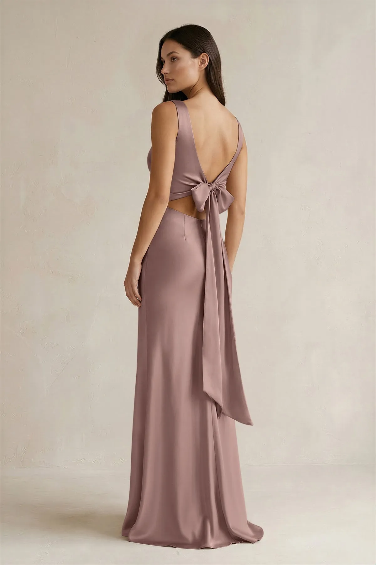 V-neck Sheath Satin Bridesmaid Dress With Back Bow in Toffee sold by KissProm product image thumbnail 2
