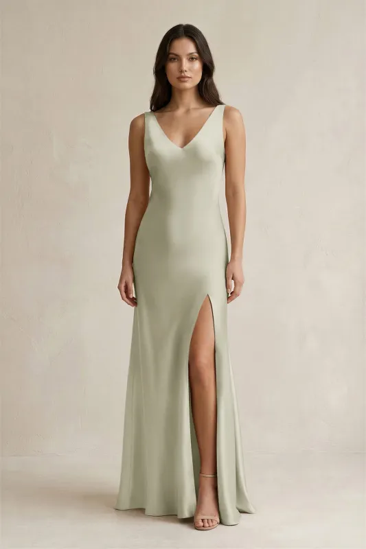 V-neck Sheath Satin Bridesmaid Dress With Back Bow in Frost made by KissProm