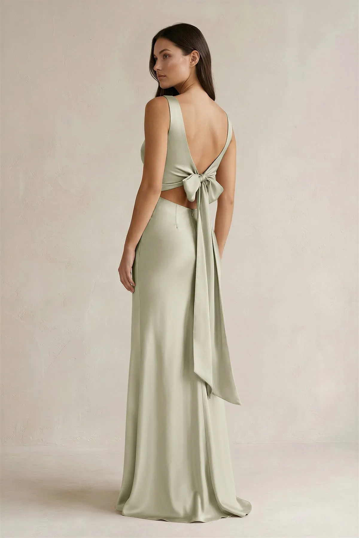 V-neck Sheath Satin Bridesmaid Dress With Back Bow in Frost sold by KissProm product image thumbnail 2