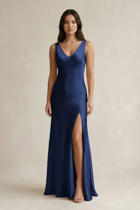 V-neck Sheath Satin Bridesmaid Dress With Back Bow in Navy made by KissProm