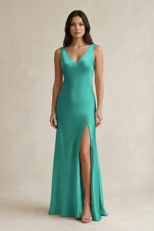 V-neck Sheath Satin Bridesmaid Dress With Back Bow in Sea Glass made by KissProm