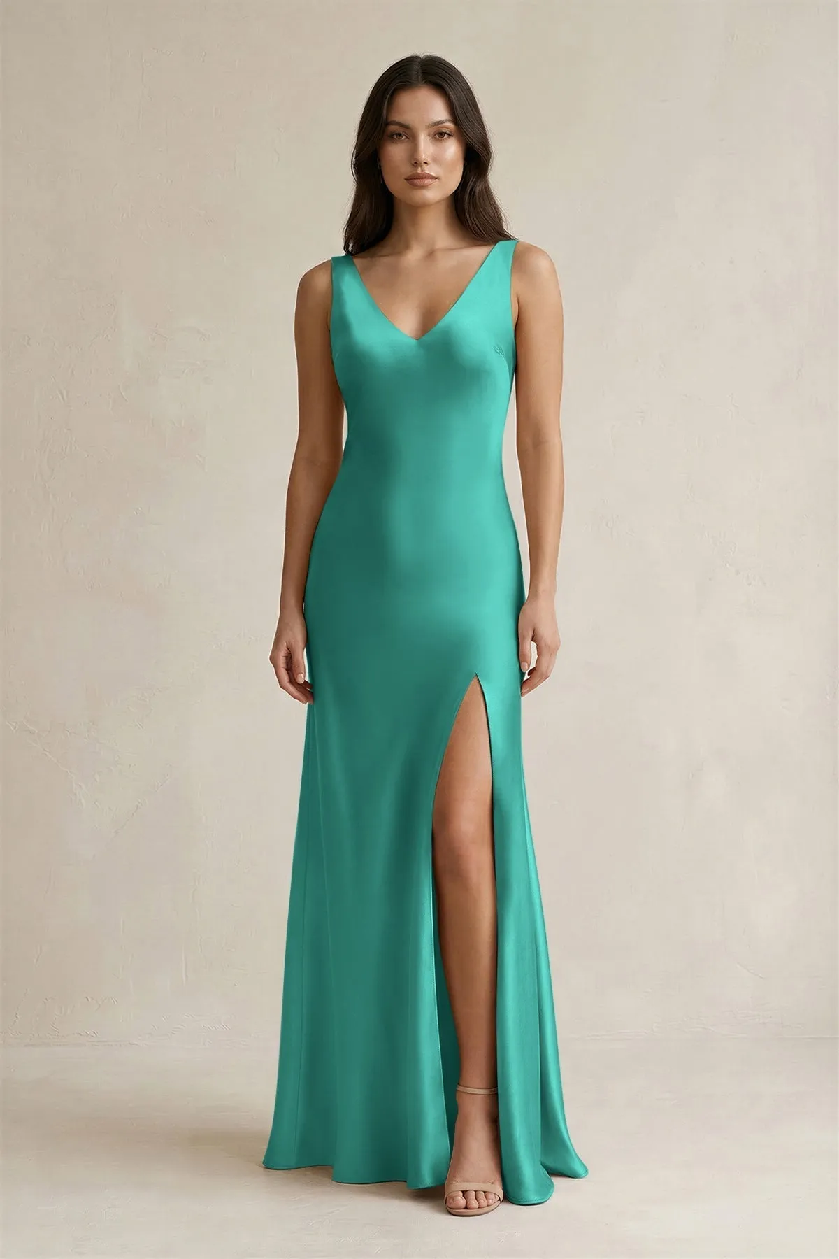 V-neck Sheath Satin Bridesmaid Dress With Back Bow in Sea Glass sold by KissProm