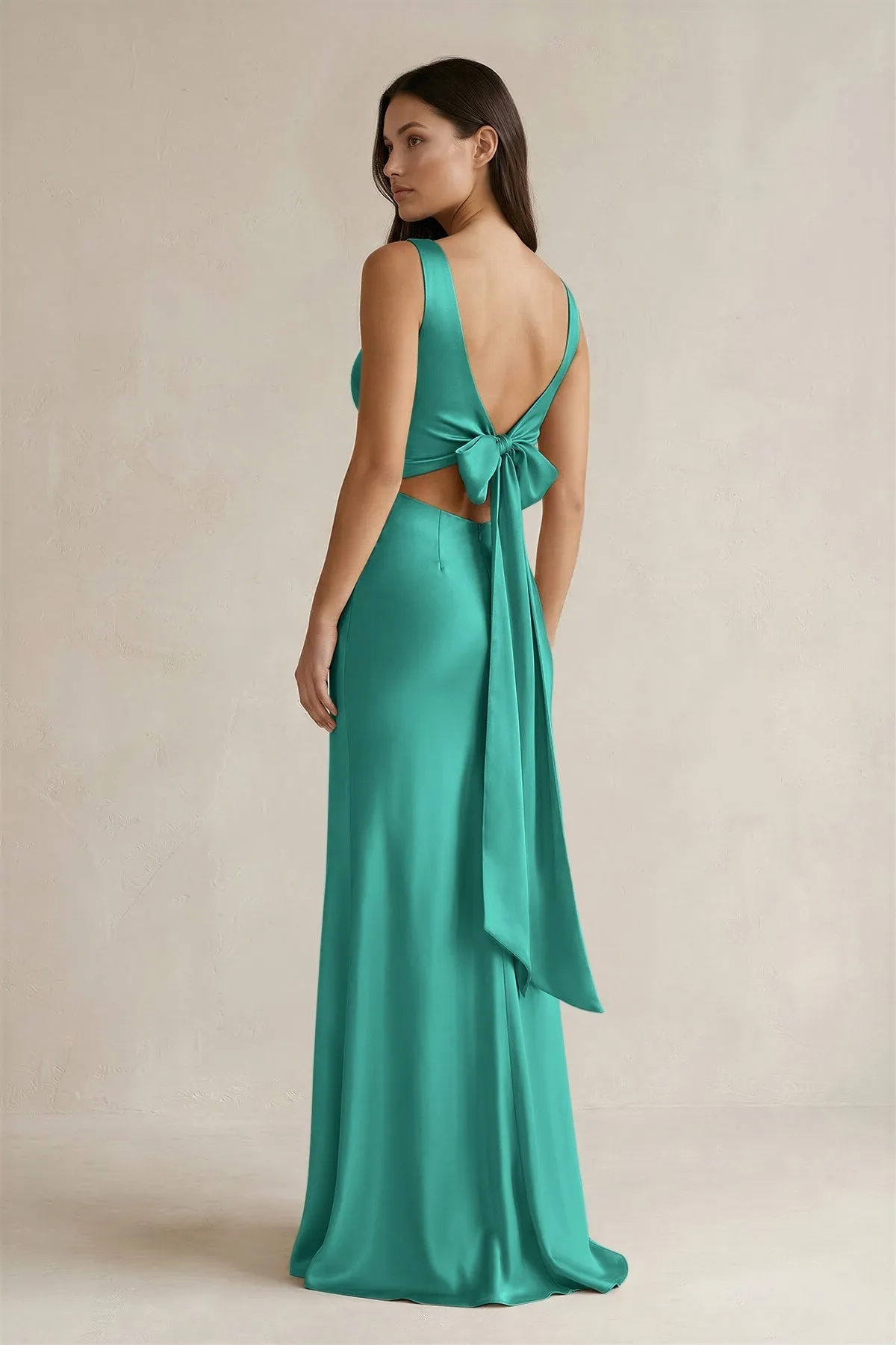V-neck Sheath Satin Bridesmaid Dress With Back Bow in Sea Glass sold by KissProm product image thumbnail 2