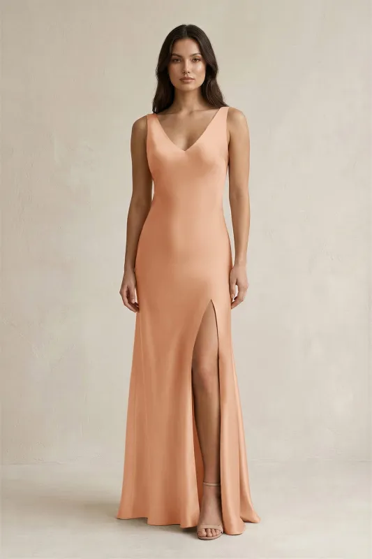 V-neck Sheath Satin Bridesmaid Dress With Back Bow in Golden Champagne made by KissProm