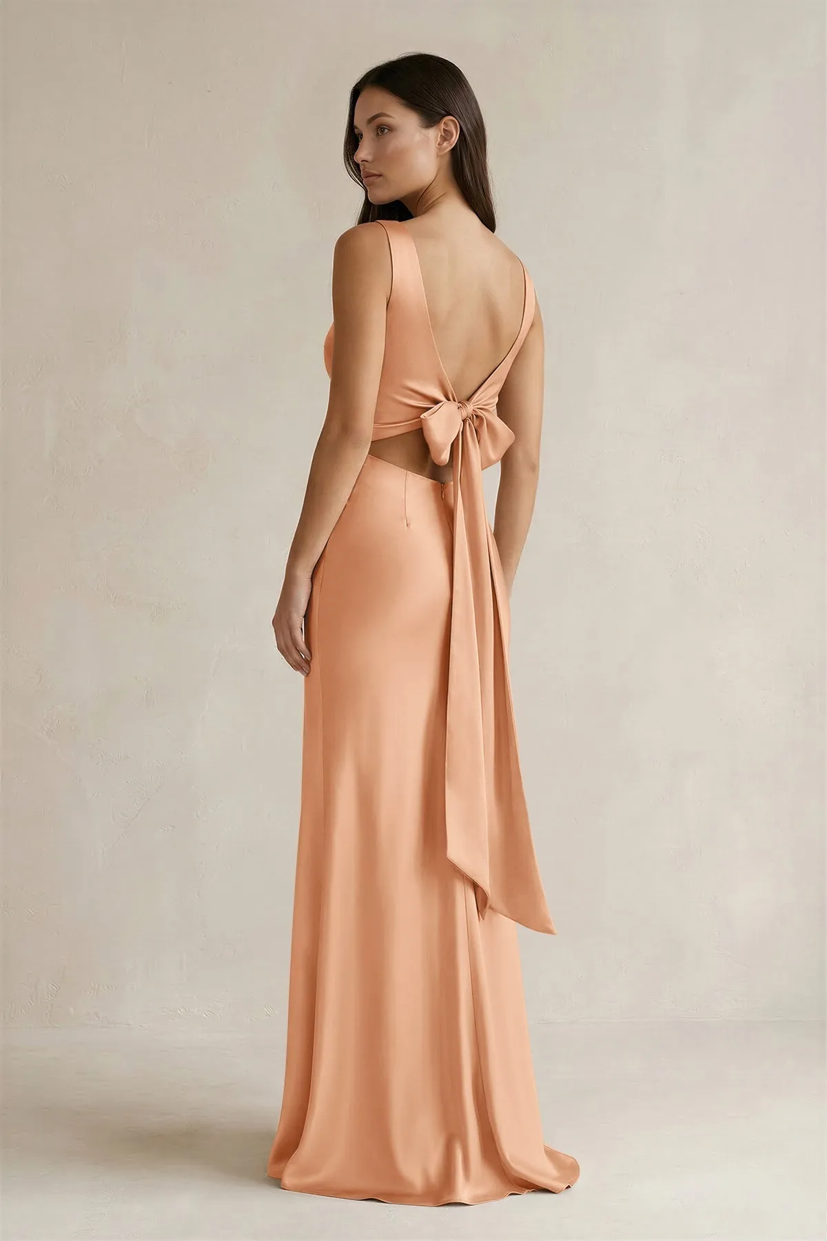 V-neck Sheath Satin Bridesmaid Dress With Back Bow in Golden Champagne sold by KissProm product image thumbnail 2