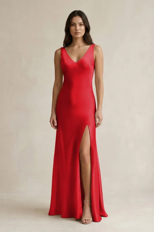 V-neck Sheath Satin Bridesmaid Dress With Back Bow in Ruby Red made by KissProm