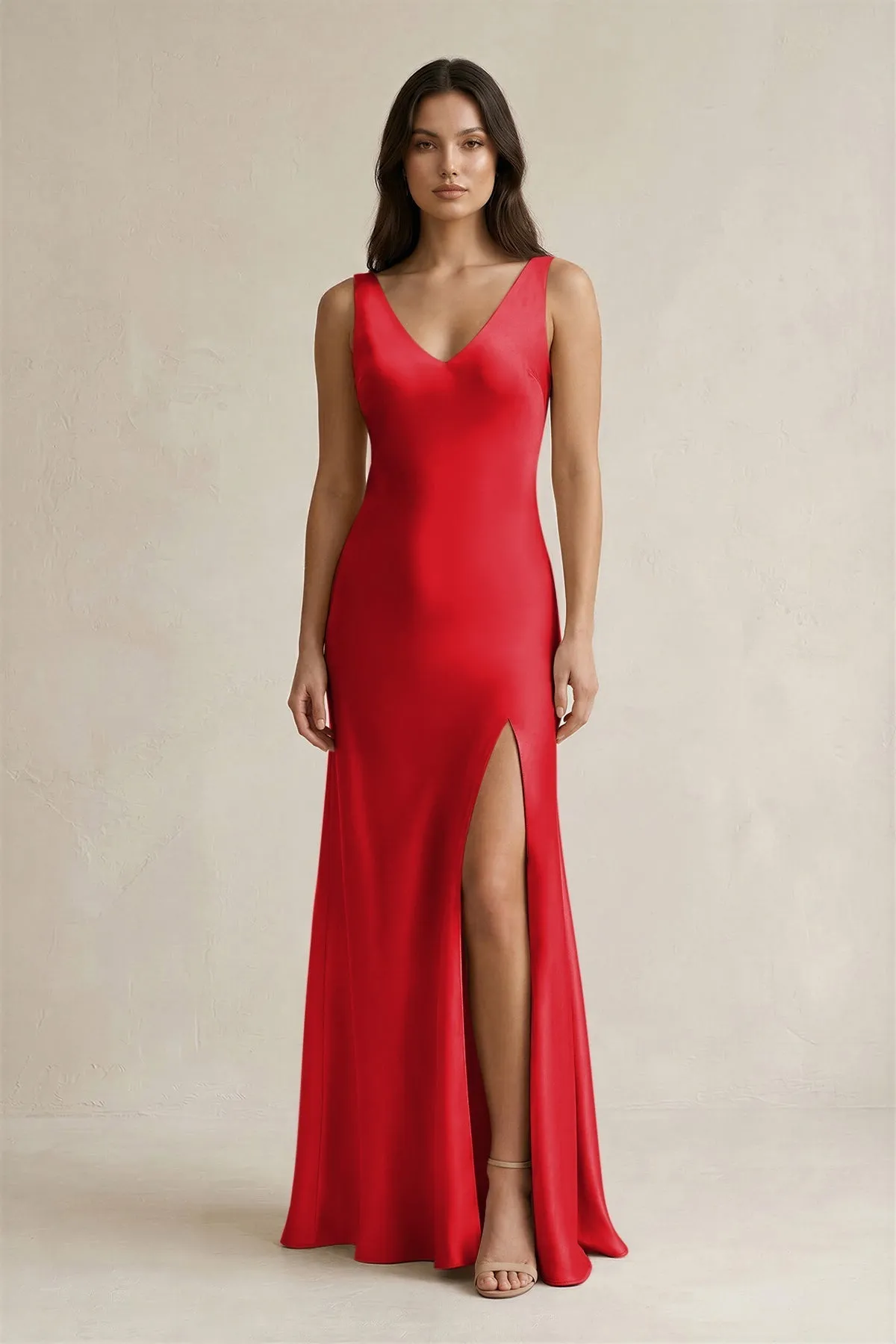 V-neck Sheath Satin Bridesmaid Dress With Back Bow in Ruby Red sold by KissProm