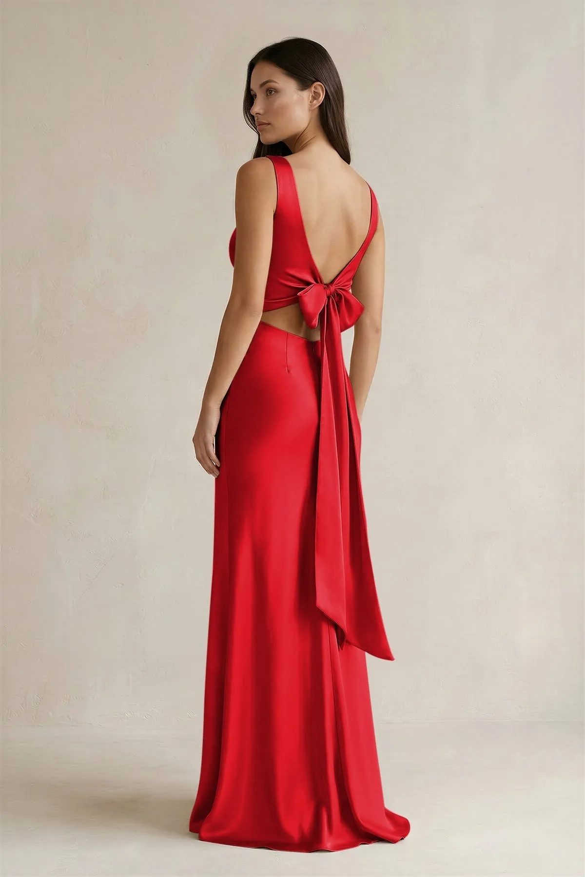 V-neck Sheath Satin Bridesmaid Dress With Back Bow in Ruby Red sold by KissProm product image thumbnail 2