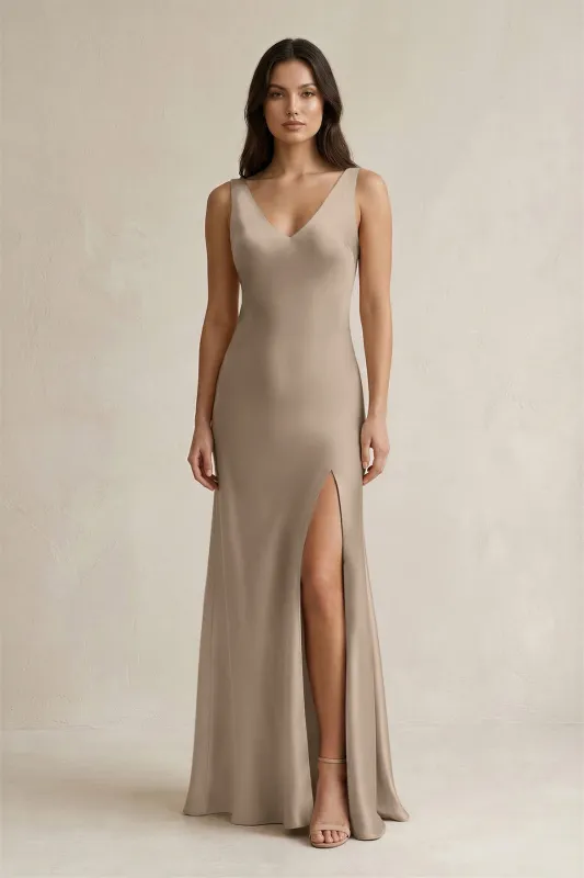 V-neck Sheath Satin Bridesmaid Dress With Back Bow in Almond made by KissProm