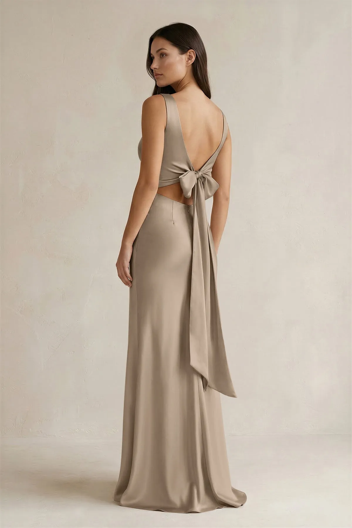 V-neck Sheath Satin Bridesmaid Dress With Back Bow in Almond sold by KissProm product image thumbnail 2