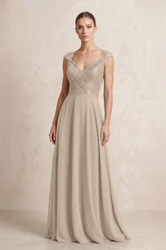 A-Line Chiffon V-Neck Pleated Bridesmaid Dress with Cap Sleeves in Almond made by KissProm