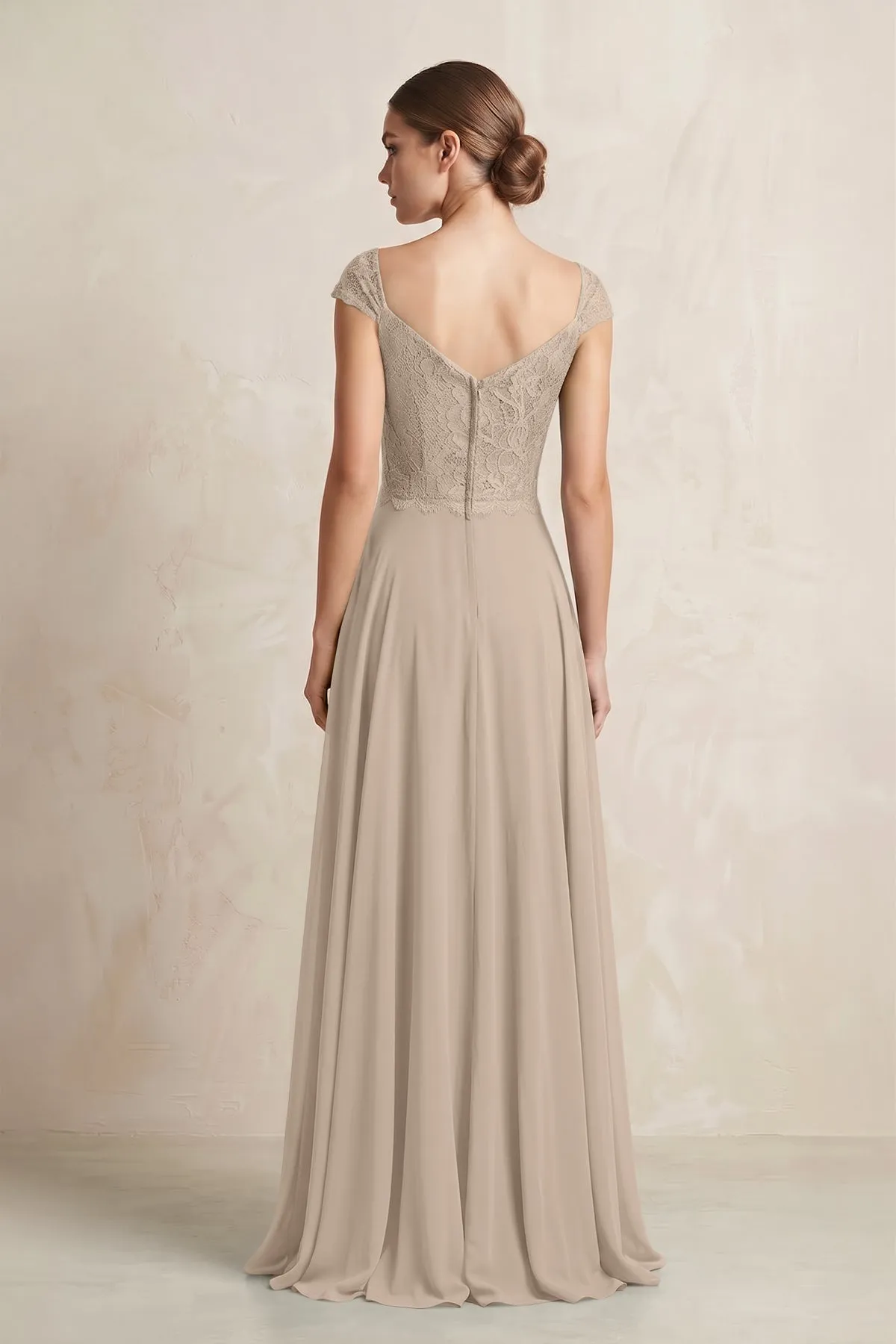 A-Line Chiffon V-Neck Pleated Bridesmaid Dress with Cap Sleeves in Almond sold by KissProm product image thumbnail 2