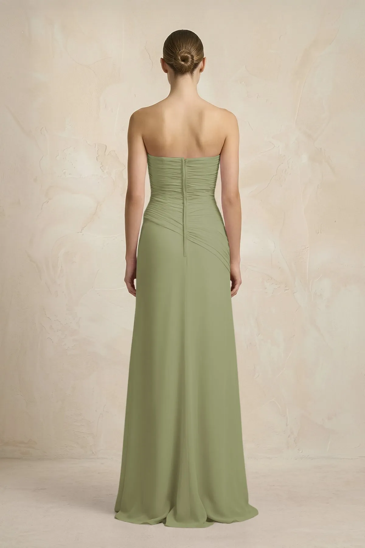 Sheath Chiffon Strapless Pleated Bridesmaid Dress in Moss Green sold by KissProm product image thumbnail 2