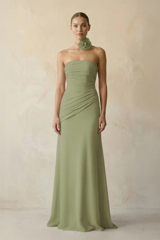 Sheath Chiffon Strapless Pleated Bridesmaid Dress in Moss Green made by KissProm