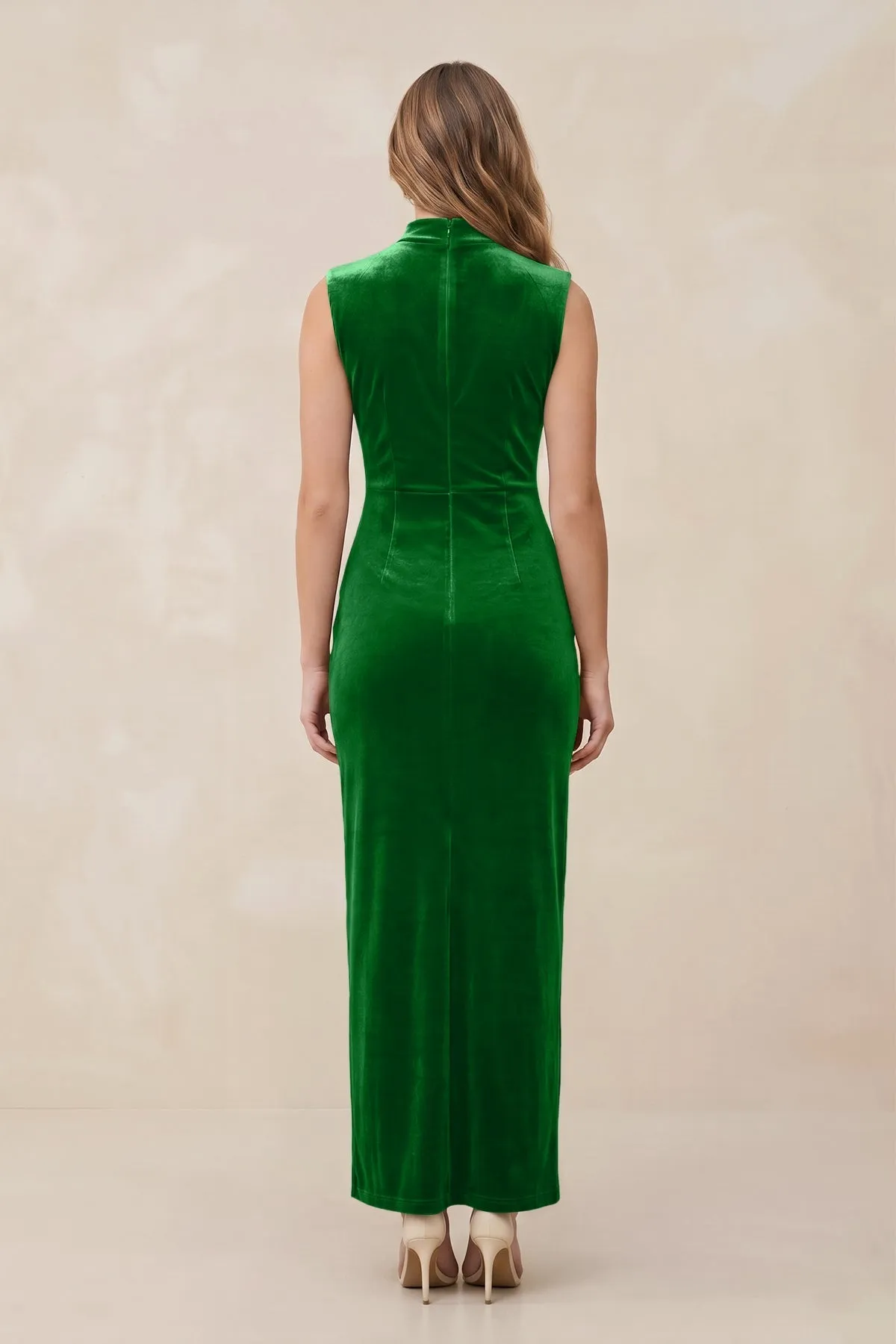 High Neck Sheath Velvet Bridesmaid Dress With Slit in Green sold by KissProm product image thumbnail 2