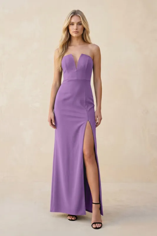 Strapless Sheath Satin Bridesmaid Dress With Slit in Wisteria made by KissProm