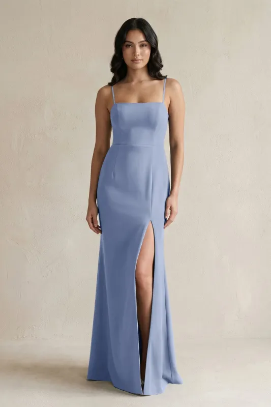 Spaghetti Straps Sheath Stain Bridesmaid Dress With Slit in Mist made by KissProm