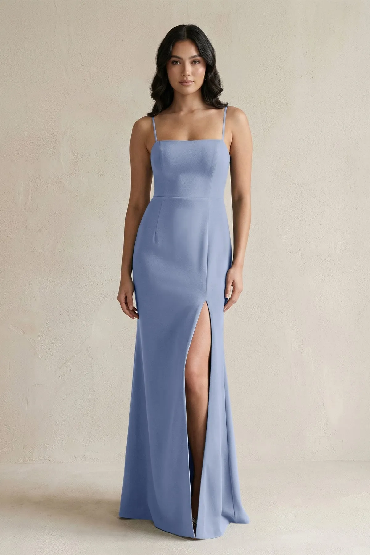 Spaghetti Straps Sheath Stain Bridesmaid Dress With Slit in Mist sold by KissProm