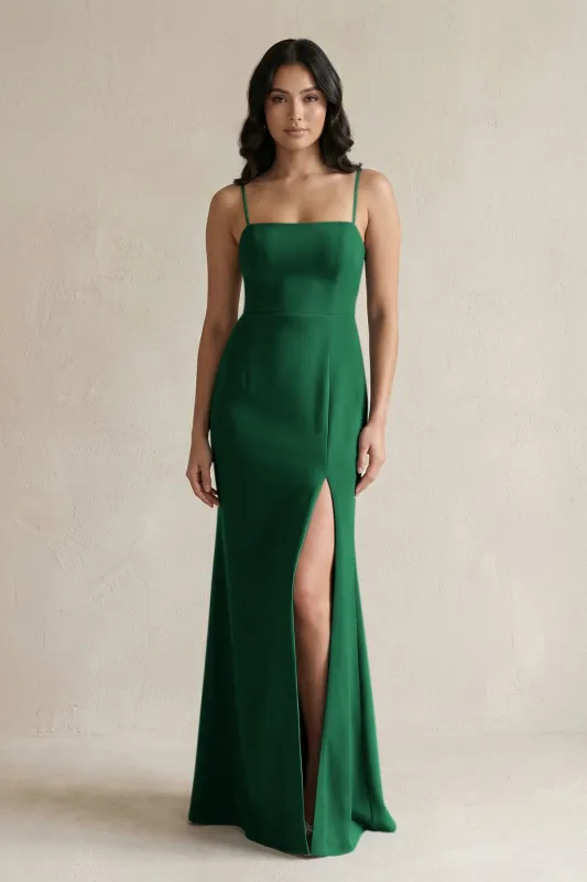 Spaghetti Straps Sheath Stain Bridesmaid Dress With Slit in Green made by KissProm