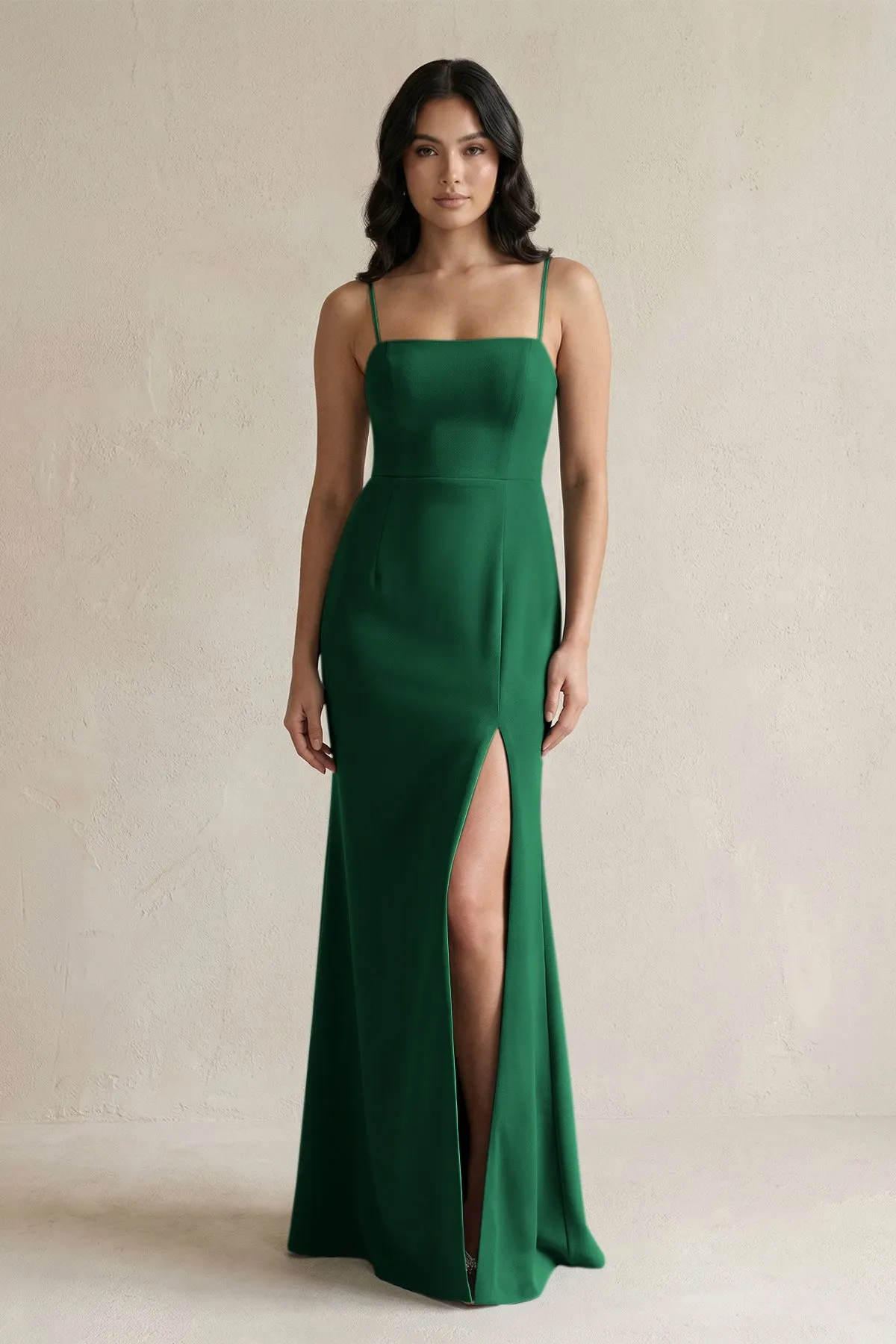 Spaghetti Straps Sheath Stain Bridesmaid Dress With Slit in Green sold by KissProm