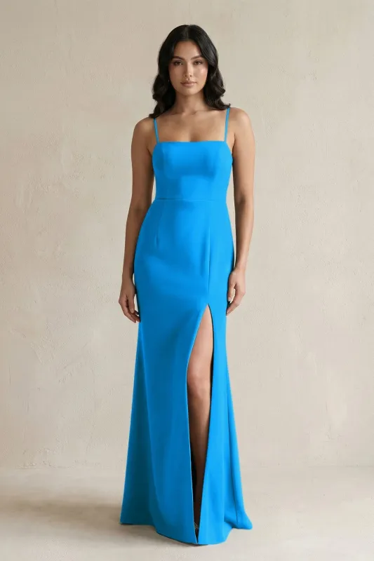 Spaghetti Straps Sheath Stain Bridesmaid Dress With Slit in Blue Jay made by KissProm