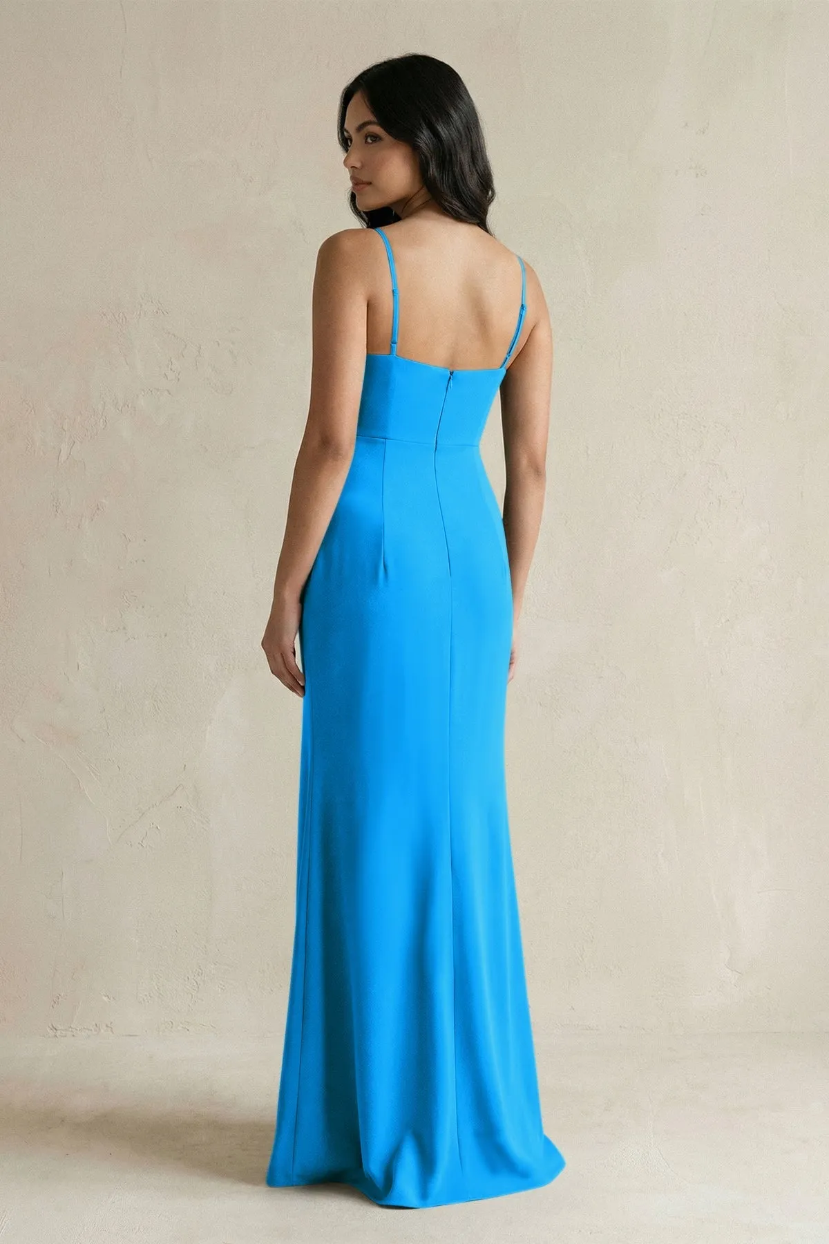 Spaghetti Straps Sheath Stain Bridesmaid Dress With Slit in Blue Jay sold by KissProm product image thumbnail 2