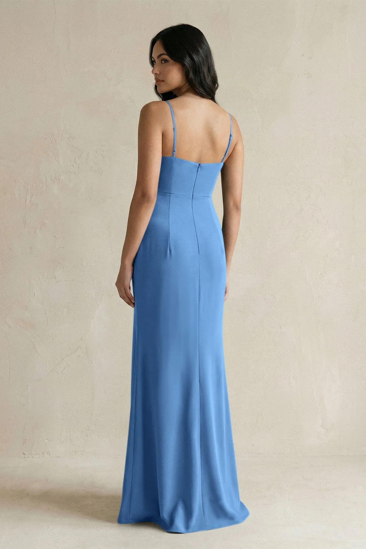 Spaghetti Straps Sheath Stain Bridesmaid Dress With Slit in Dusty Blue sold by KissProm product image thumbnail 2