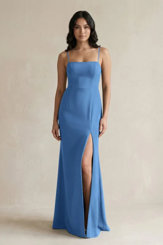 Spaghetti Straps Sheath Stain Bridesmaid Dress With Slit in Dusty Blue made by KissProm