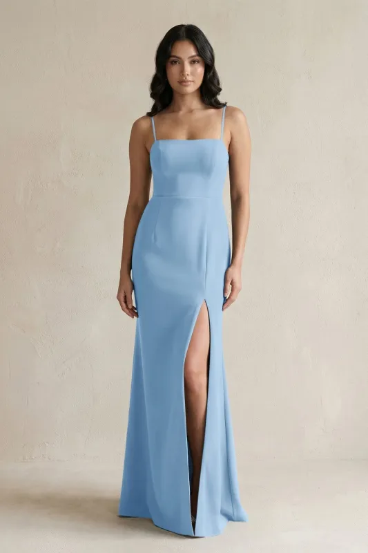 Spaghetti Straps Sheath Stain Bridesmaid Dress With Slit in Sky Blue made by KissProm
