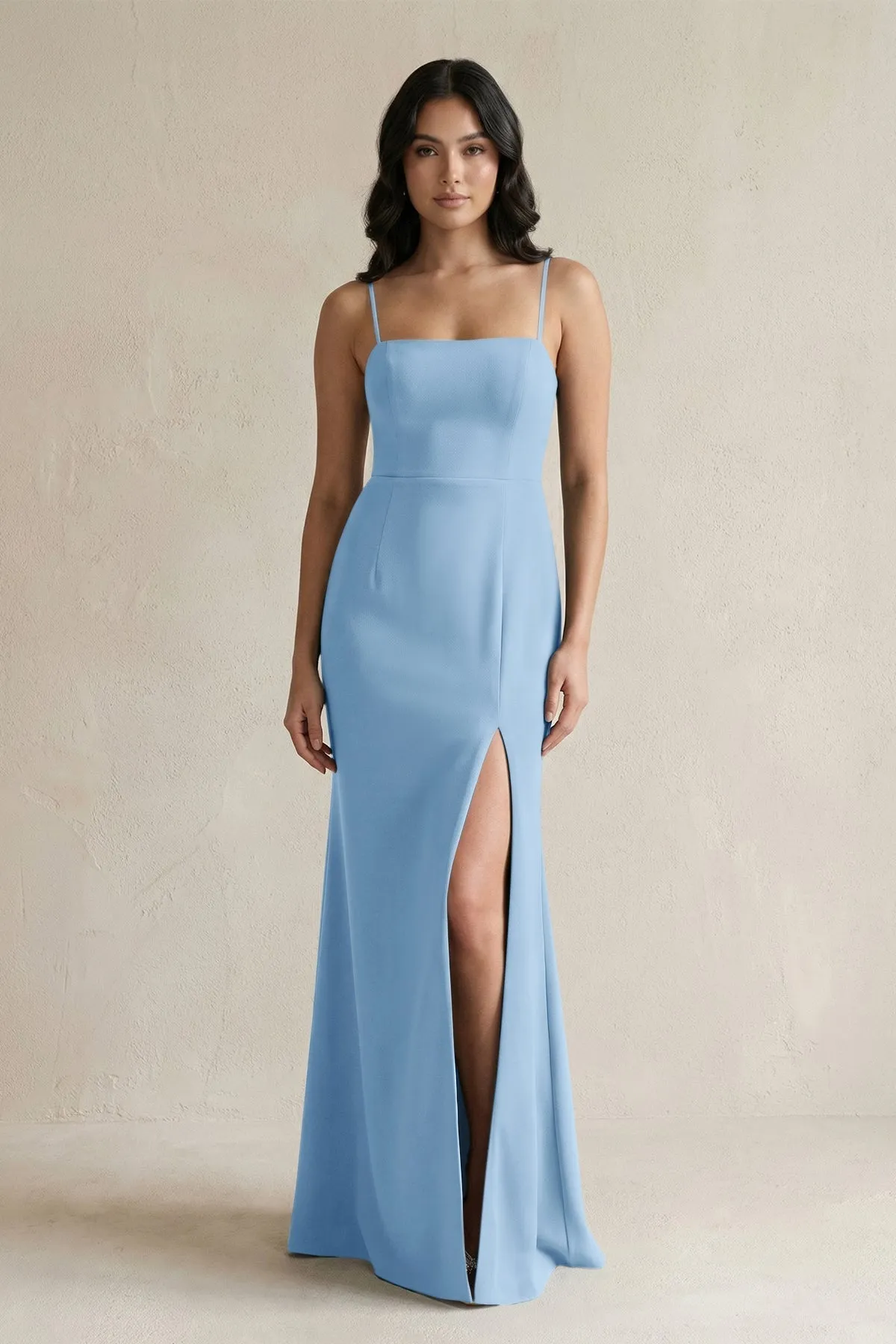 Spaghetti Straps Sheath Stain Bridesmaid Dress With Slit in Sky Blue sold by KissProm
