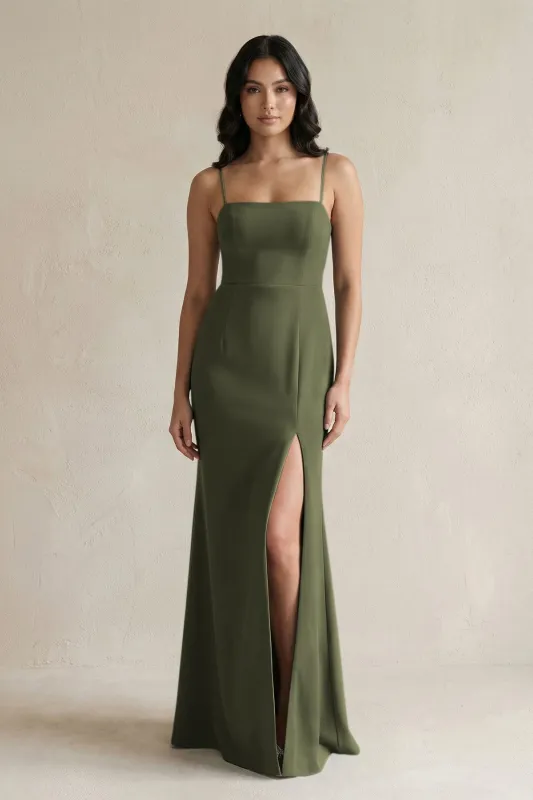 Spaghetti Straps Sheath Stain Bridesmaid Dress With Slit in Willow Green made by KissProm