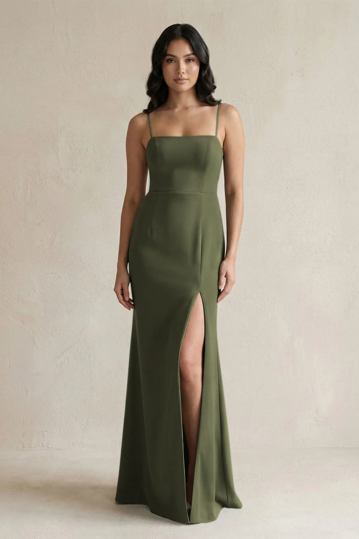 Spaghetti Straps Sheath Stain Bridesmaid Dress With Slit in Willow Green sold by KissProm