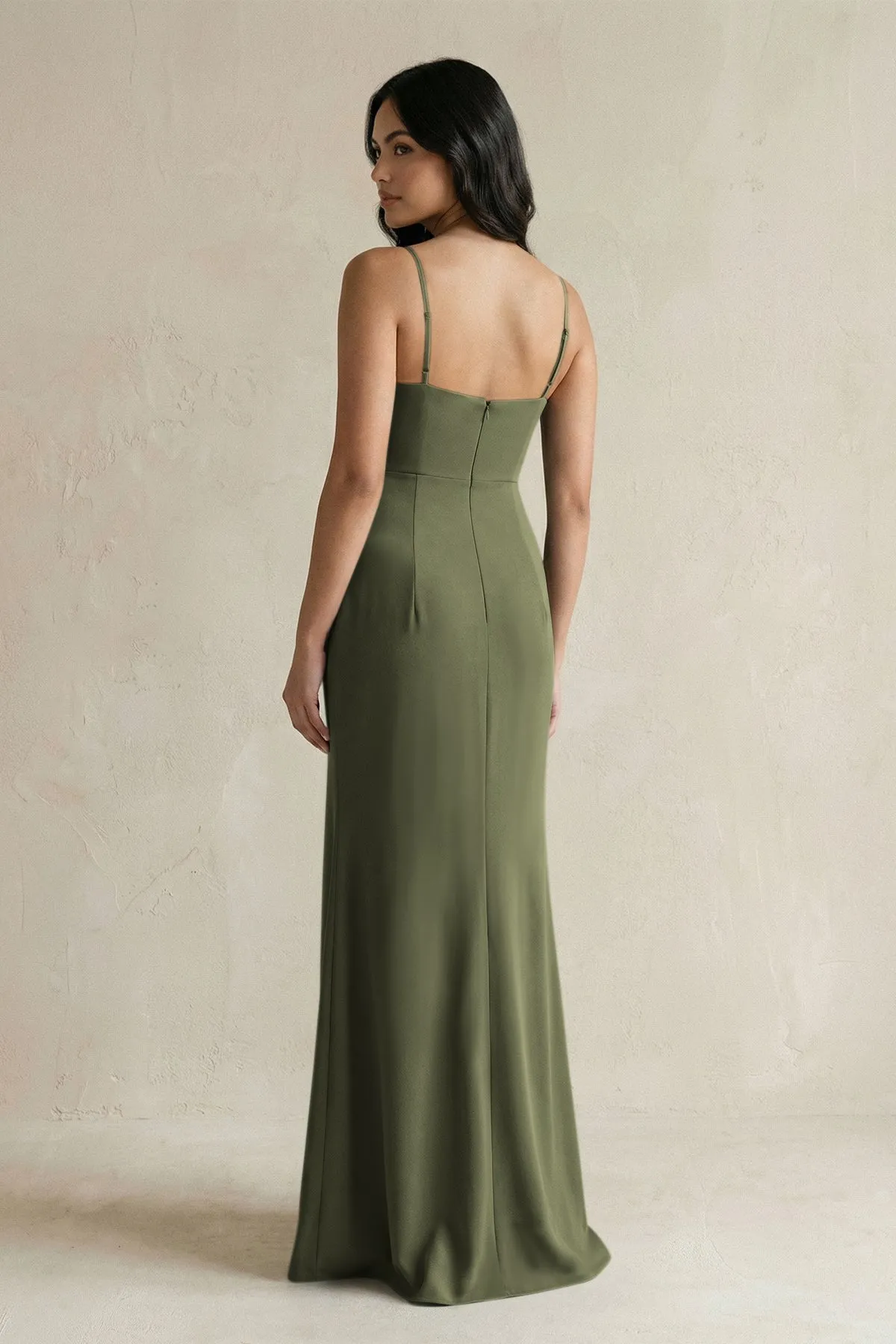 Spaghetti Straps Sheath Stain Bridesmaid Dress With Slit in Willow Green sold by KissProm product image thumbnail 2